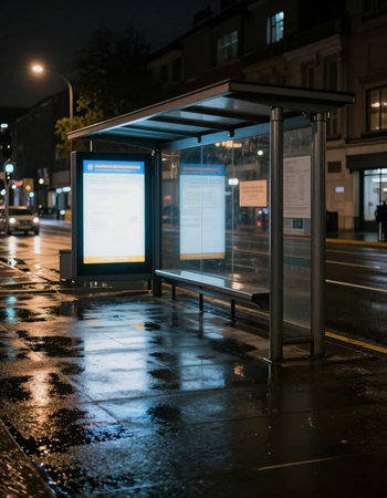Bus stop in the city at night. Public bus stop at night.の写真素材