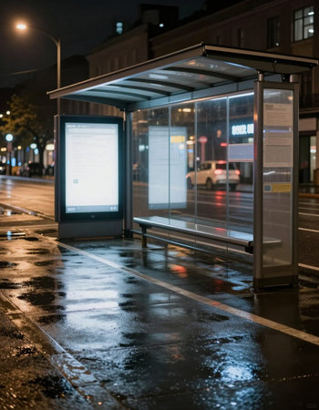 Empty bus stop at night in the city. Empty bus stop.の写真素材