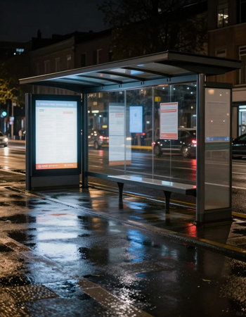 Bus stop in the city at night. Bus stop at night.