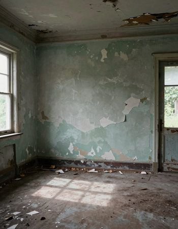 wide angle view of an old wall, abandoned factory building, industrial seriesの写真素材