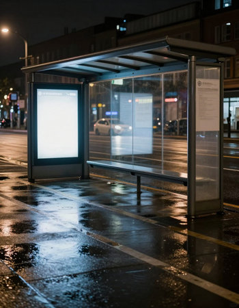 Bus stop in the rain at night. Bus stop on the street.の写真素材