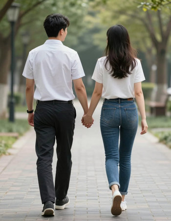 Young asian couple holding hands and walking in the park, back view