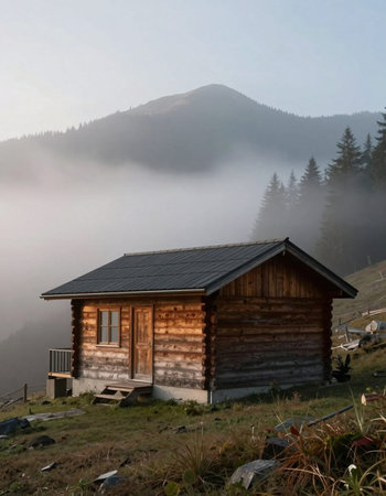 Wooden hut in the mountains in the morning fog. Carpathians, Ukraineの写真素材