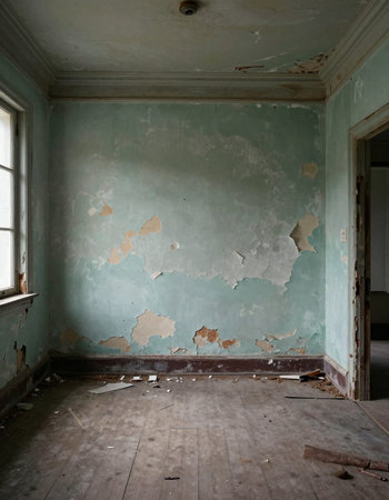old room with ruined wall, interior of an abandoned building, vintageの写真素材