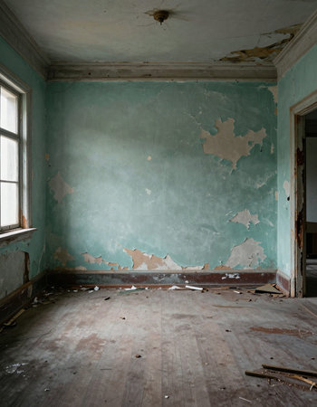 Interior of an old abandoned building with peeling plaster on the wallsの写真素材