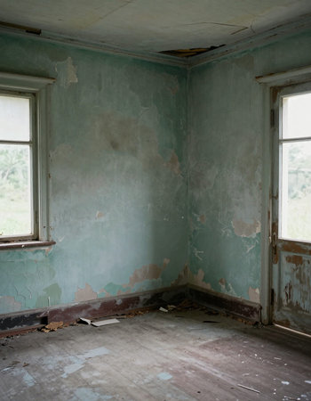 interior of an old abandoned building, view through the window.の写真素材