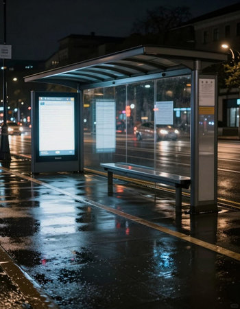 Empty bus stop in the city at night. Rainy day.の写真素材