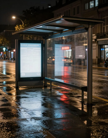 Bus stop at night in the rain, illuminated bus stop in the cityの写真素材