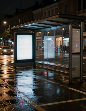 Bus stop in the city at night, low light, long exposureの写真素材
