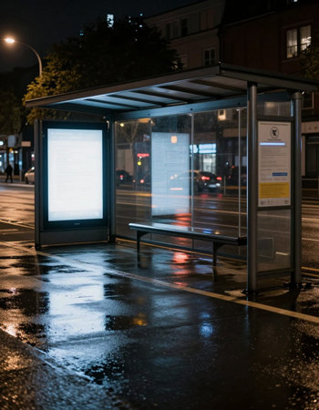 Bus stop at night in the rain, with copy space for text