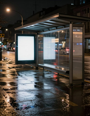 Blank bus stop sign on a wet city street at night.の写真素材