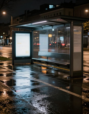 Bus stop at night in Prague, Czech Republic. Urban scene.の写真素材