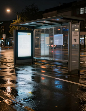Bus stop at night in the city. Bus stop in the rain.