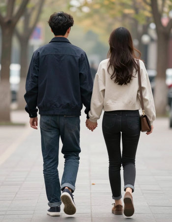 Back view of Asian couple walking and holding hands in the street.の写真素材