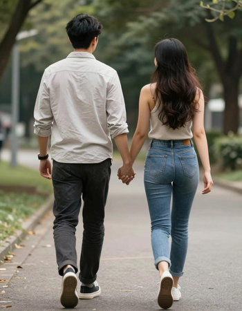Young asian couple walking in the park holding hands. Back view.