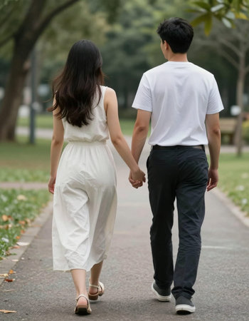 Young asian couple holding hands and walking in the park, back view