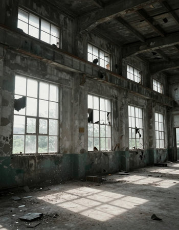 The interior of an old abandoned factory building with windows and many bats