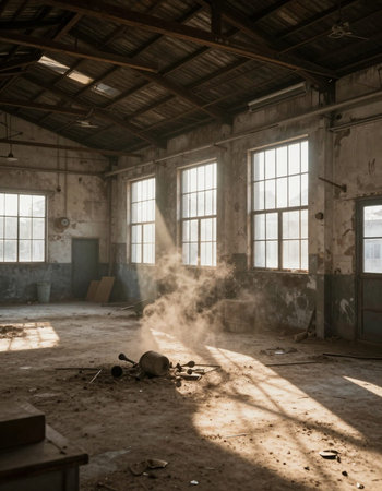 Interior of an old abandoned factory building with large windows and dustの写真素材