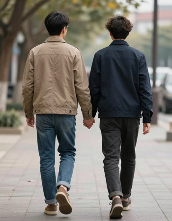 Back view of two young men walking in the street and holding handsの写真素材