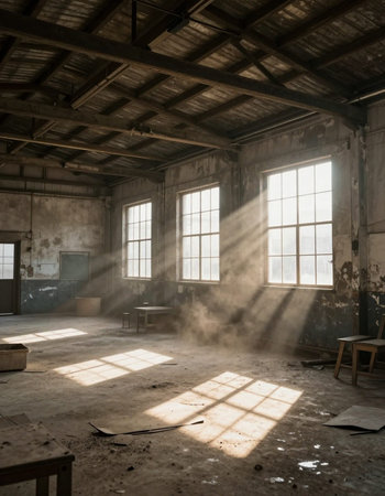 Abandoned factory interior with windows and dirty floor. Industrial background