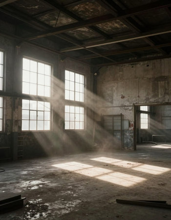 Abandoned factory interior with sunbeams passing through the windowsの写真素材