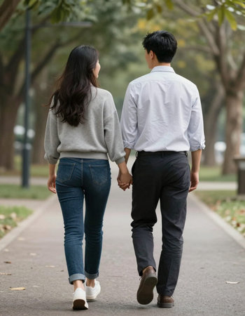 Back view of asian couple walking in the park holding hands.