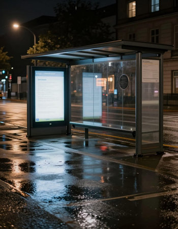 Bus stop at night in a rainy day with rain drops on the groundの写真素材