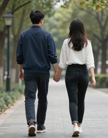 Young couple walking in the park, back view. Asian people.の写真素材