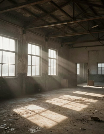 interior of an old factory building with windows and floor light beamsの写真素材