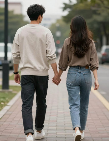 Back view of young Asian couple holding hands and walking in the street