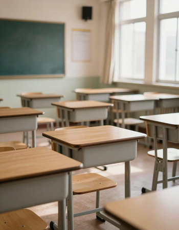 Classroom with desks and chairs in a primary school. Selective focus.の写真素材