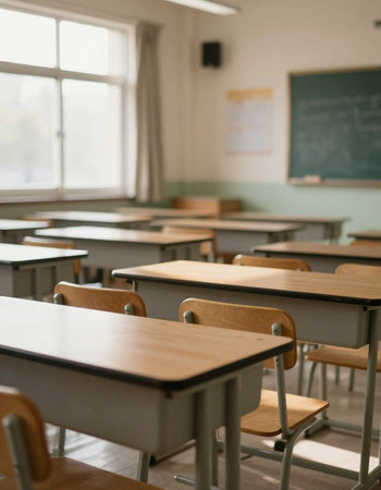 Classroom in a school with desks and chairs, shallow depth of field