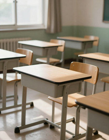 School classroom with desks and chairs. Selective focus, shallow depth of field.