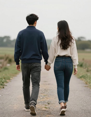 Back view of young couple holding hands and walking on countryside road.の写真素材