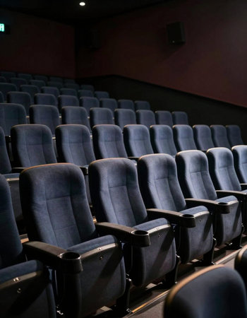 Cinema auditorium with rows of blue seats and rows of chairsの写真素材