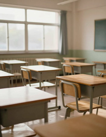 Classroom in a school with tables and chairs, shallow depth of field