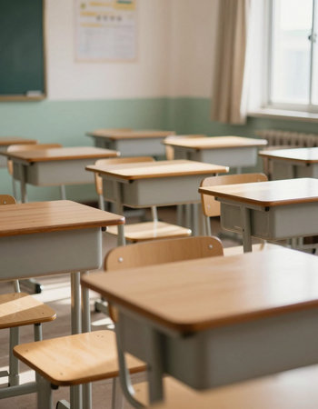Empty classroom with tables and chairs in a school. Selective focus.の写真素材