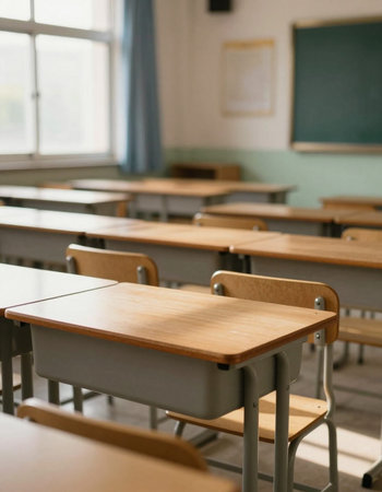 Classroom with chairs and tables, shallow depth of field, focus on the foreground
