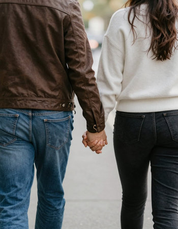 Back view of young couple holding hands while walking in the street.の写真素材