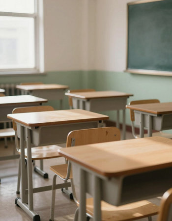 Empty classroom with desks and chairs in the school. Selective focus.
