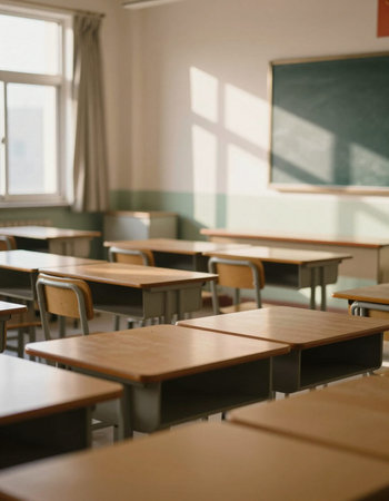Classroom with desks and chairs in a school. Selective focus.