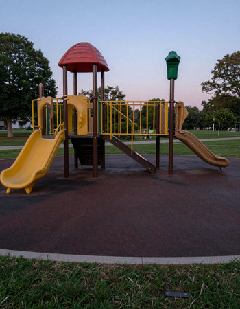 Playground in the park at sunset with blue sky and green grass