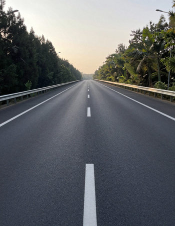 Asphalt road and palm trees at sunset