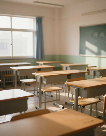 Classroom in a school with desks and chairs, shallow depth of field