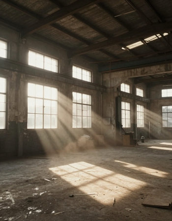 Abandoned industrial building interior with large windows and long shadows.