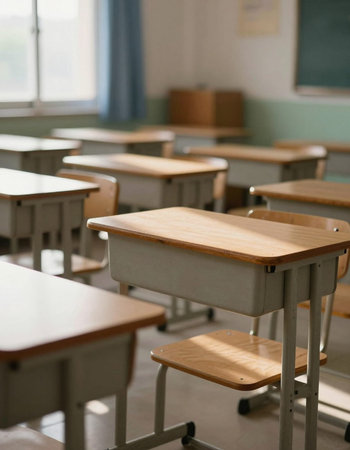Classroom with desks and chairs in a school. Selective focus.