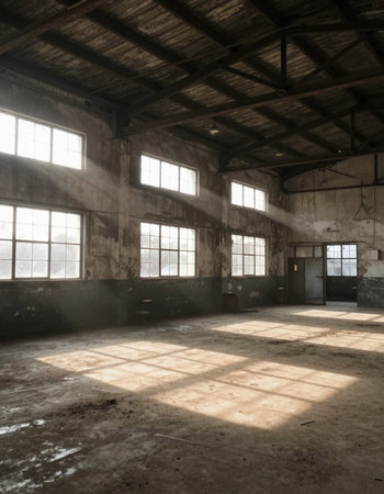 Interior of an old abandoned factory building, industrial background, toned