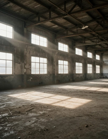 Abandoned industrial interior with large windows, light and shadows.