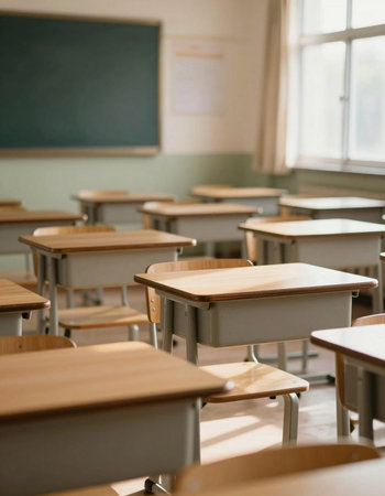 Classroom with desks and chairs, shallow depth of field, selective focus