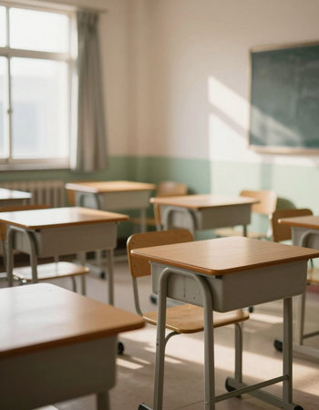 Classroom in a school with empty desks and chairs. Nobody inside